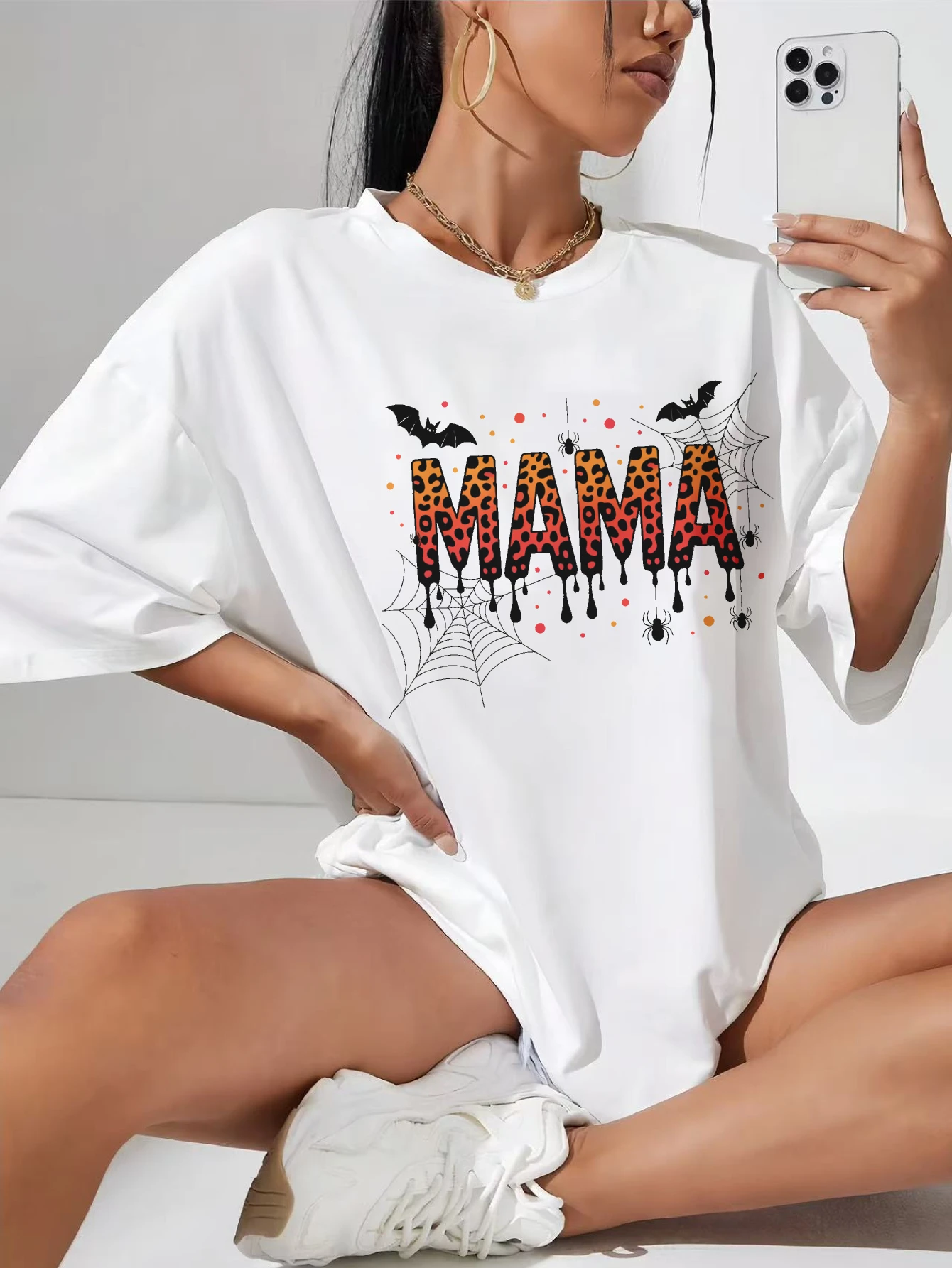 Mama Leopard Halloween Mom White maternity T-shirt extended length round neckline ruched sides for comfort
Mama Leopard Halloween Mom White maternity T-shirt extended length round neckline ruched sides for comfort