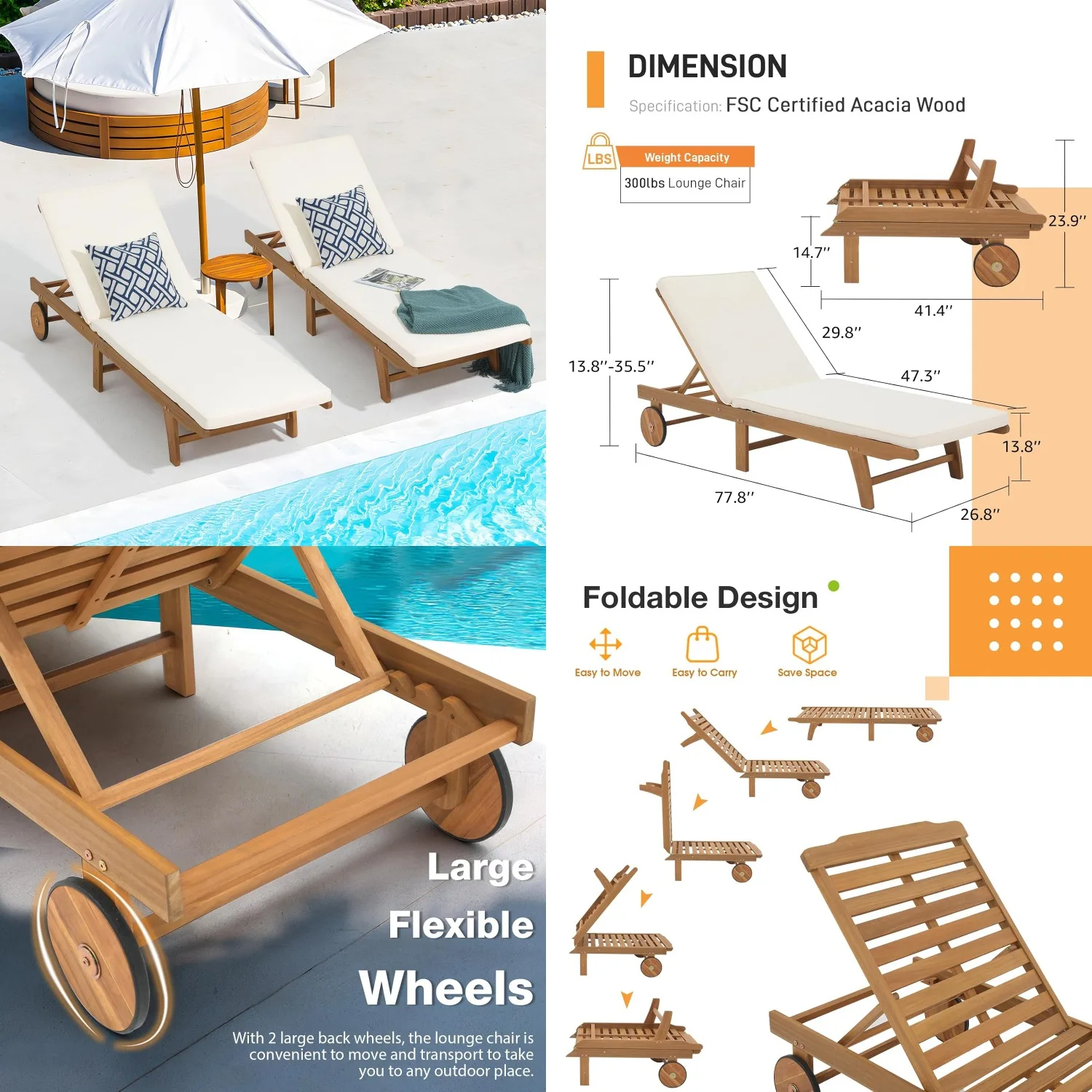 Acacia Wood Chaise Lounge Set 2 Folding Recliner Adjustable Backrest Wheels Cushion Portable Pool Deck, Customized
Acacia Wood Chaise Lounge Set 2 Folding Recliner Adjustable Backrest Wheels Cushion Portable Pool Deck, Customized