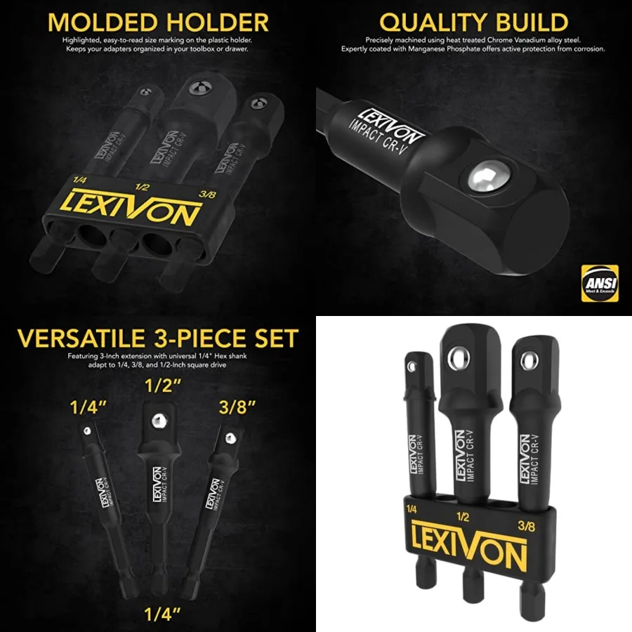 Grade Set, 3 Extension Bit With Holder 3-Piece 1/4, 3/8, and 1/2 Drive, Adapt Your Power Drill To High Torque Impact Wrench LX-
Grade Set, 3 Extension Bit With Holder 3-Piece 1/4, 3/8, and 1/2 Drive, Adapt Your Power Drill To High Torque Impact Wrench LX-