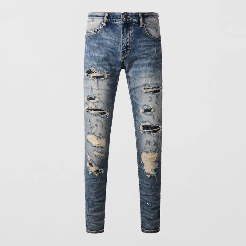 European and American new men's jeans, washed with water, nostalgic distressed patch, bead painted retro blue, light blue jeans,
European and American new men's jeans, washed with water, nostalgic distressed patch, bead painted retro blue, light blue jeans,