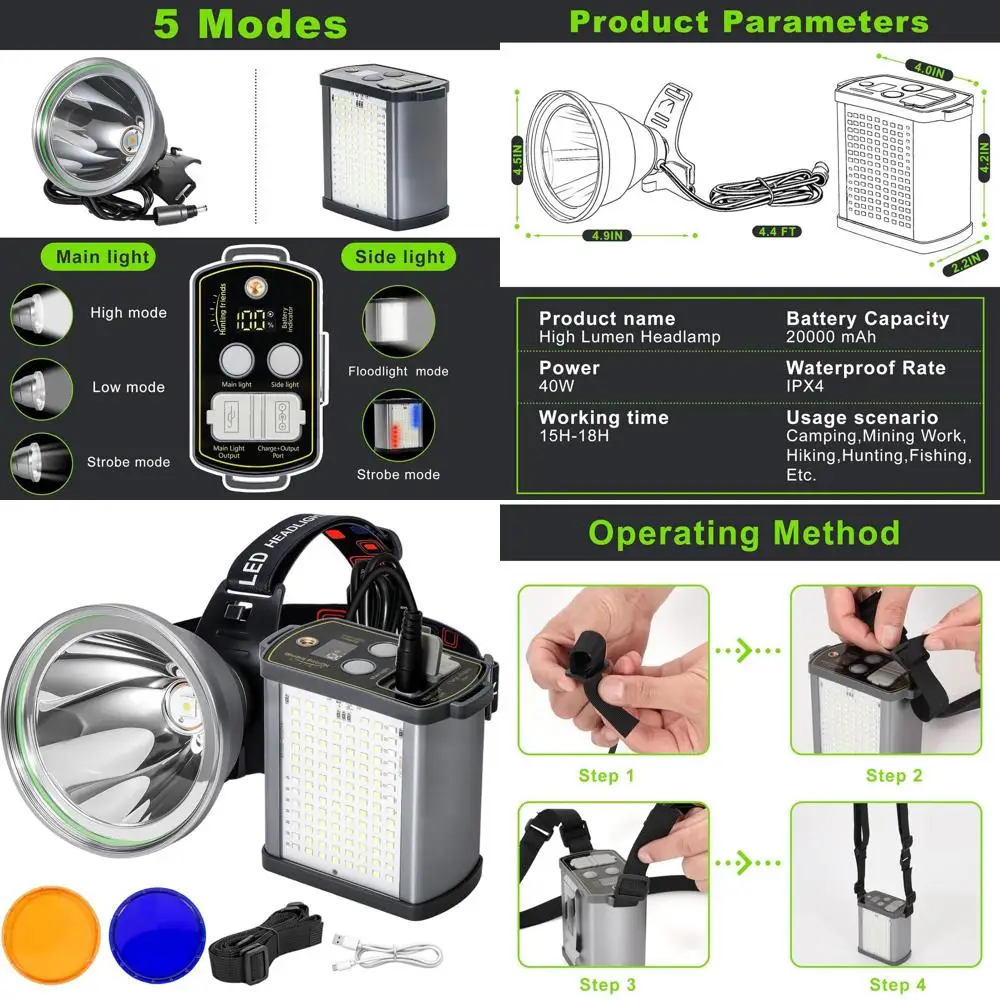 40W Rechargeable LED Headlamp with 20000mAh Battery, Waterproof and Ultra Bright, Ideal for Outdoor Activities and Emergencies
40W Rechargeable LED Headlamp with 20000mAh Battery, Waterproof and Ultra Bright, Ideal for Outdoor Activities and Emergencies
