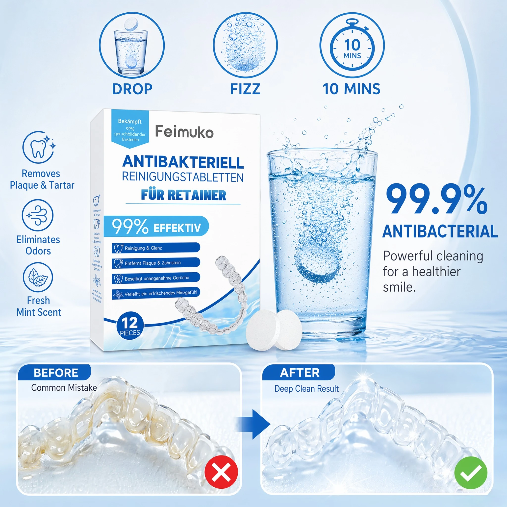 Denture cleaning tablets remove bacteria, odors, discoloration, stains, dental plaque, and clean plaque buildup
Denture cleaning tablets remove bacteria, odors, discoloration, stains, dental plaque, and clean plaque buildup