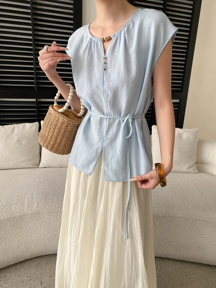 Summer women's casual solid color bead round neck tied waist slimming sleeveless vest
Summer women's casual solid color bead round neck tied waist slimming sleeveless vest