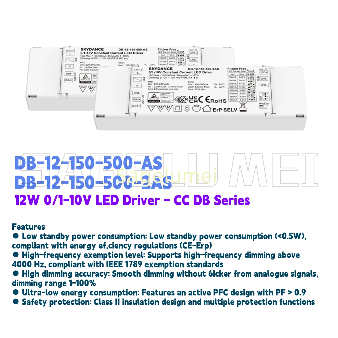 Skydance 12W 150-500mA 0/1-10V Dimmable /CCT LED Driver 1/2CH AC220-240V for DIM/CCT Light DB-12-150-500-AS/DB-12-150-500-2AS
Skydance 12W 150-500mA 0/1-10V Dimmable /CCT LED Driver 1/2CH AC220-240V for DIM/CCT Light DB-12-150-500-AS/DB-12-150-500-2AS