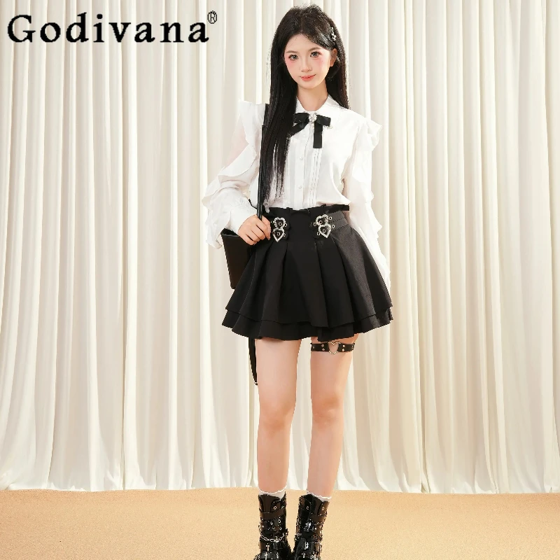 Japanese Style Elegant Set Women Ruffled Shirt A Line Waist Cinching Short Skirt Two Piece Outfits Female Bowknot Lolita Suits
Japanese Style Elegant Set Women Ruffled Shirt A Line Waist Cinching Short Skirt Two Piece Outfits Female Bowknot Lolita Suits