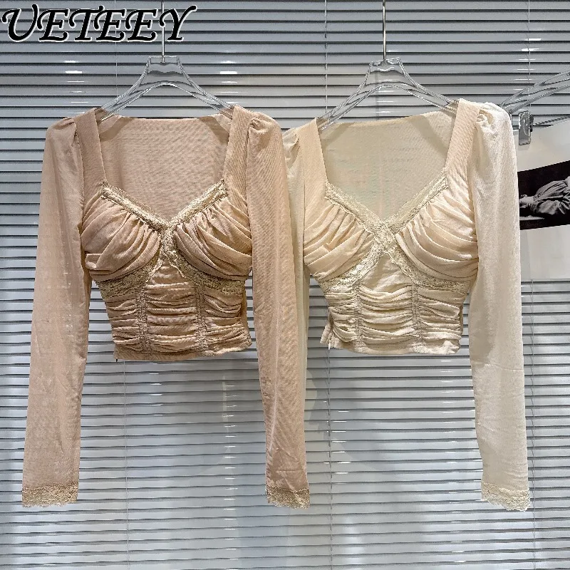 Весенне-осенняя новая светская футболка во французском стиле с низким вырезом и рюшами из сетки и длинными рукавами, универсальная облегающая короткая базовая рубашка 
Весенне-осенняя новая светская футболка во французском стиле с низким вырезом и рюшами из сетки и длинными рукавами, универсальная облегающая короткая базовая рубашка