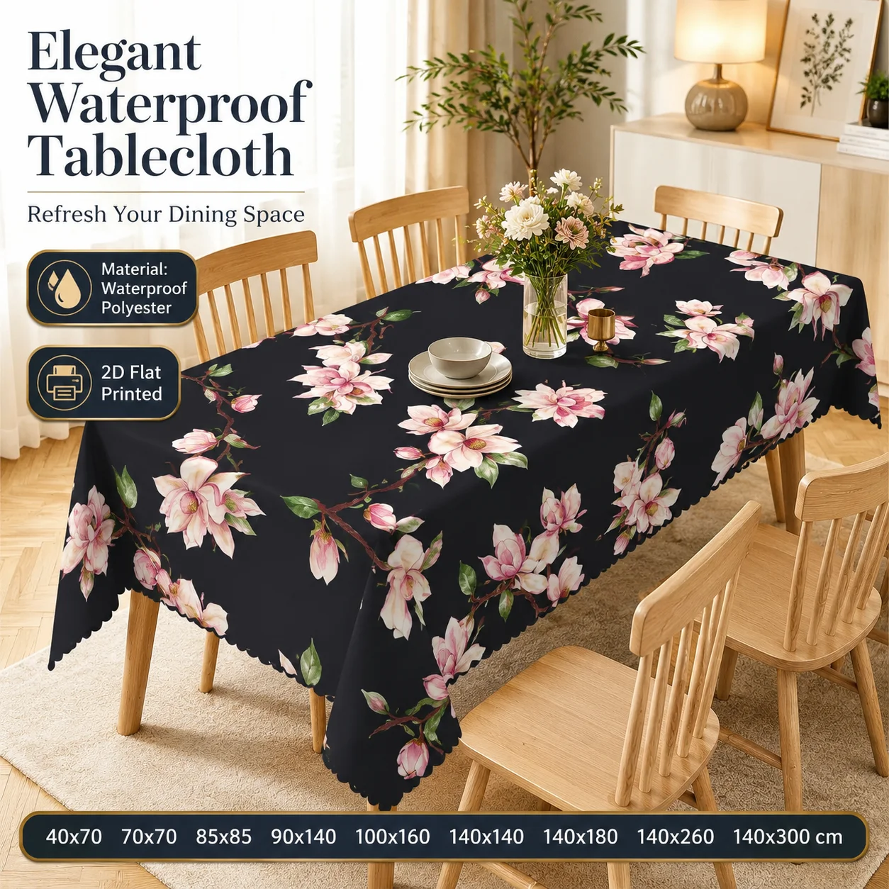 Elegant Magnolia Waterproof Tablecloth Polyester 2D Flat Printed Dark Floral Table Cover For Kitchen Party Wedding Decoration
Elegant Magnolia Waterproof Tablecloth Polyester 2D Flat Printed Dark Floral Table Cover For Kitchen Party Wedding Decoration