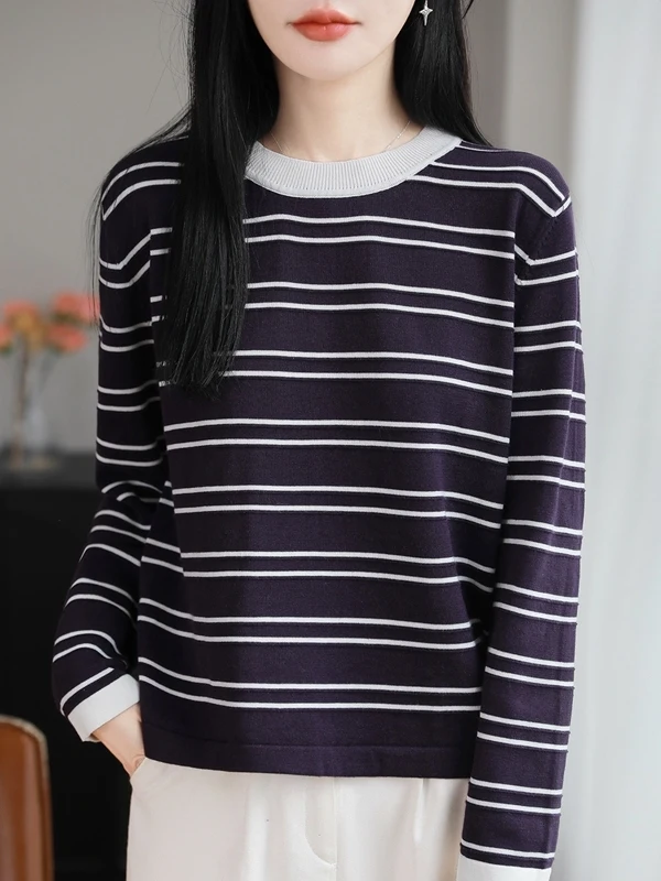 Retro Striped 100% Cotton Knitted Long Sleeve round Neck Slimming Base Layer Shirt Versatile Thin Sweater Top for Women
Retro Striped 100% Cotton Knitted Long Sleeve round Neck Slimming Base Layer Shirt Versatile Thin Sweater Top for Women