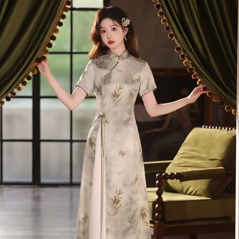 Traditional Chinese Women Qipao Dress Clothing Gray Bamboo Print Short Sleeve Improved Modern Cheongsam Vestidos De Verano Mujer
Traditional Chinese Women Qipao Dress Clothing Gray Bamboo Print Short Sleeve Improved Modern Cheongsam Vestidos De Verano Mujer