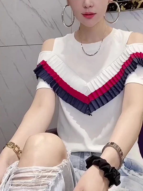 Ele White round Ne oulder Bared Color Blo Tulle Trim ort Sve T-irt Women's Summer Faionable Korean Sle Top
Ele White round Ne oulder Bared Color Blo Tulle Trim ort Sve T-irt Women's Summer Faionable Korean Sle Top