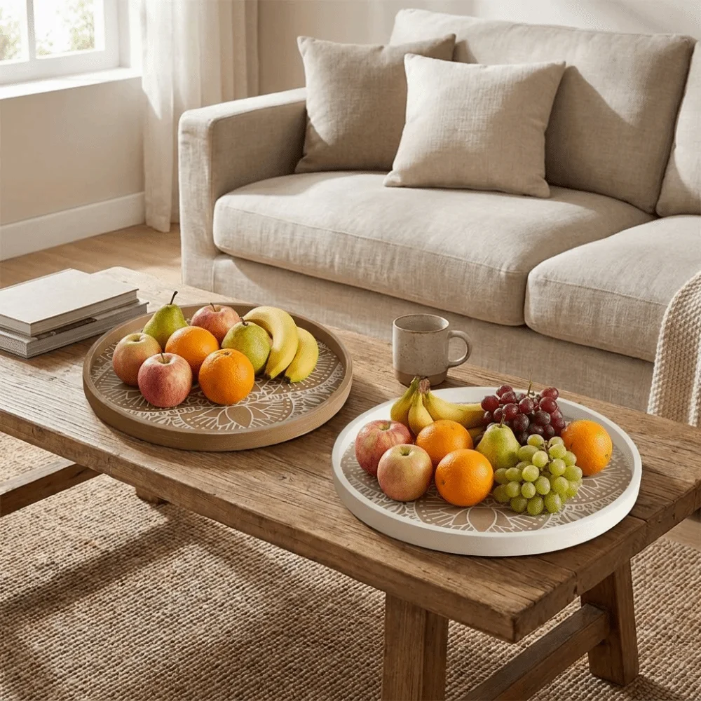 Round Wooden Serving Tray Decorative Space Saving Fruit Storage Tray Large Capacity Circular Serving Platter Home Decor
Round Wooden Serving Tray Decorative Space Saving Fruit Storage Tray Large Capacity Circular Serving Platter Home Decor