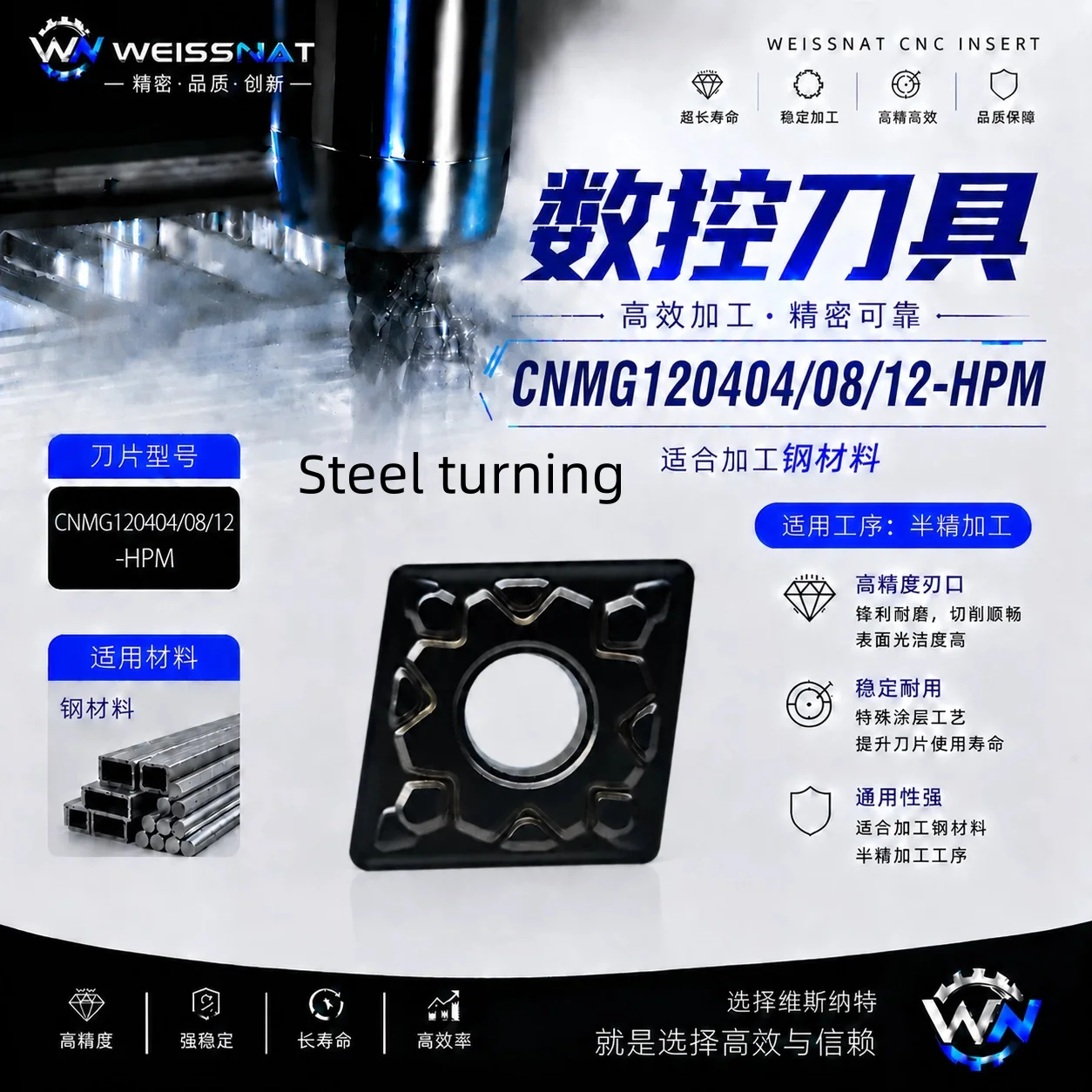 WeissNat CNMG120408-HPM/CNMG120404-HPM/CNMG120412 Carbide Insert. CNMG431 CNMG432 CNMG433 Steel turning Insert
WeissNat CNMG120408-HPM/CNMG120404-HPM/CNMG120412 Carbide Insert. CNMG431 CNMG432 CNMG433 Steel turning Insert