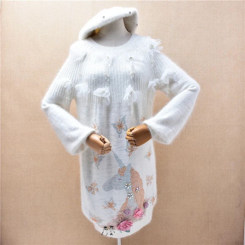 Ladies Women Autumn Winter White Fashion Beading Lace Hairy Angora Rabbit Hair Knitted O-Neck Long Sweater Jumper Dress Pull Top
Ladies Women Autumn Winter White Fashion Beading Lace Hairy Angora Rabbit Hair Knitted O-Neck Long Sweater Jumper Dress Pull Top