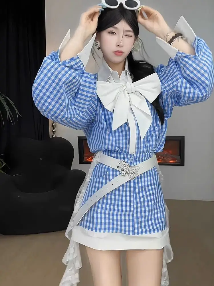 Fashion Suit For Women Spring Summer New Style With Bow Blue White Plaid Shirt Contrasting Color A-Line Skirt Two-Piece Set
Fashion Suit For Women Spring Summer New Style With Bow Blue White Plaid Shirt Contrasting Color A-Line Skirt Two-Piece Set