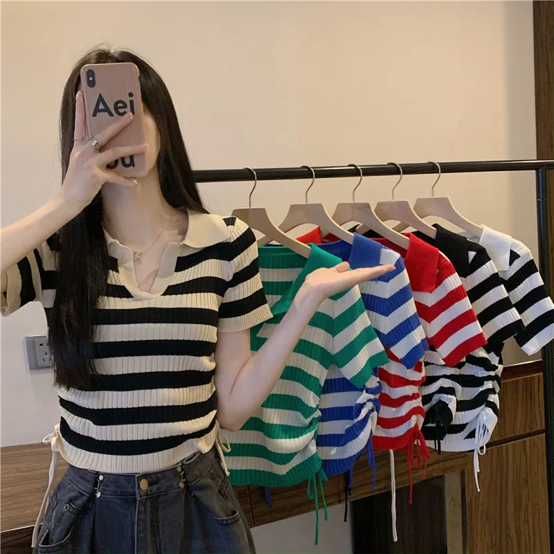 2023 New Slim Fit Slim Sweet Spicy Stripe Polo Neck Drawstring Short Sleeve Knitted Short T-shirt Top Women
2023 New Slim Fit Slim Sweet Spicy Stripe Polo Neck Drawstring Short Sleeve Knitted Short T-shirt Top Women