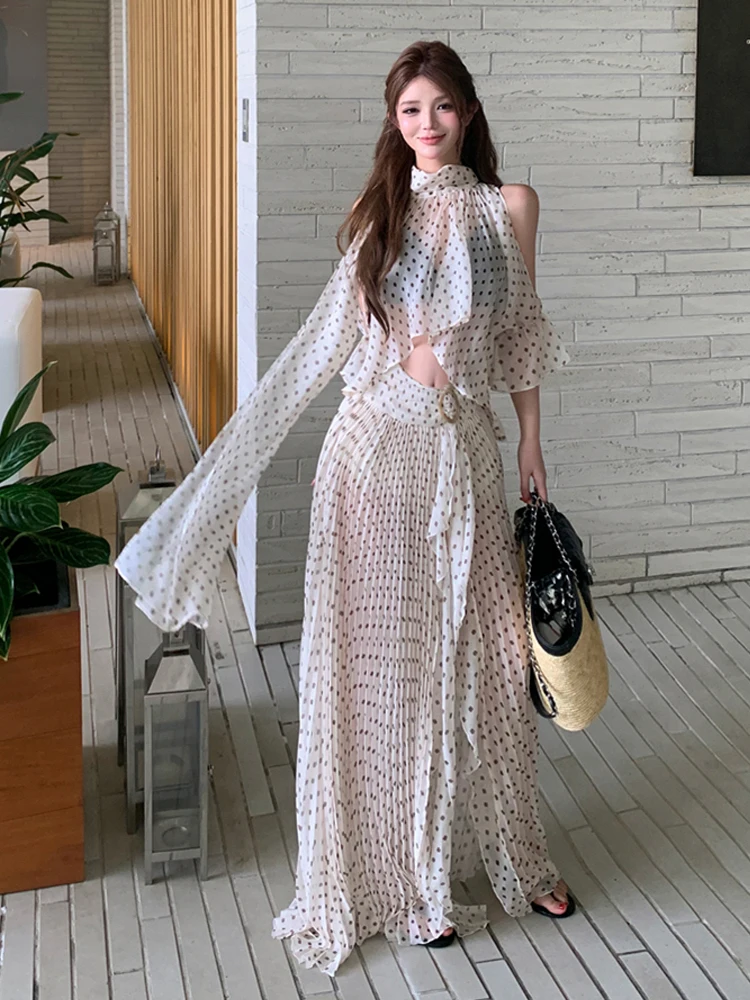 Sexy See-through Polka Dot Shoulder Bared Long Sleeve Top with High Slit Midi Skirt Floor Length Half Body Skirt Two-piece Set
Sexy See-through Polka Dot Shoulder Bared Long Sleeve Top with High Slit Midi Skirt Floor Length Half Body Skirt Two-piece Set