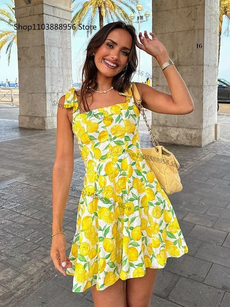Women's Yellow Lemon Print Cotton Dress, Spaghetti Strap, Sleeveless, Mini Dresses, Summer Vacation, New Fashion, 2024
Women's Yellow Lemon Print Cotton Dress, Spaghetti Strap, Sleeveless, Mini Dresses, Summer Vacation, New Fashion, 2024