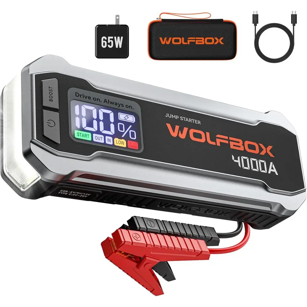 Portable 12V Car Jump Starter with 65W Quick Charge, 88.8Wh Power Bank, LED Light, and Jumper Cables
Portable 12V Car Jump Starter with 65W Quick Charge, 88.8Wh Power Bank, LED Light, and Jumper Cables