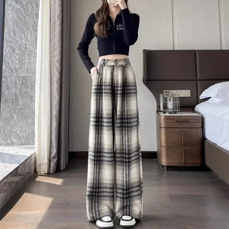 Velvet Retro Woolen Plaid Wide-leg Pants for Women with High Waist Slim Casual Straight-drum Floor Trousers
Velvet Retro Woolen Plaid Wide-leg Pants for Women with High Waist Slim Casual Straight-drum Floor Trousers