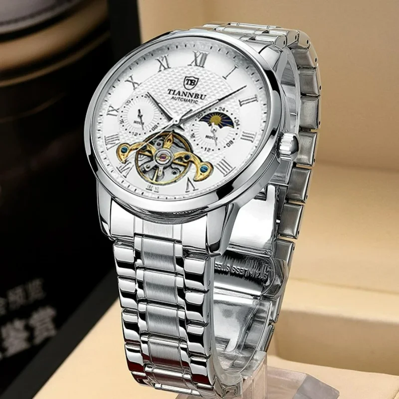TIANNBU Men Automatic Mechanical Watch Moon Phase Skeleton Hollow Business Wristwatch Multifunction Waterproof Dress Watch
TIANNBU Men Automatic Mechanical Watch Moon Phase Skeleton Hollow Business Wristwatch Multifunction Waterproof Dress Watch