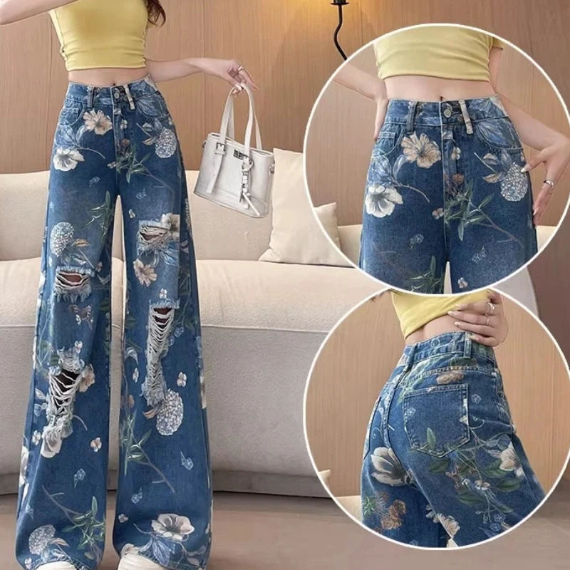 Women's High Waist Wide Leg Jeans Floral Print Ripped Loose Straight Leg Draping Casual Denim Pants for Spring Autumn
Women's High Waist Wide Leg Jeans Floral Print Ripped Loose Straight Leg Draping Casual Denim Pants for Spring Autumn