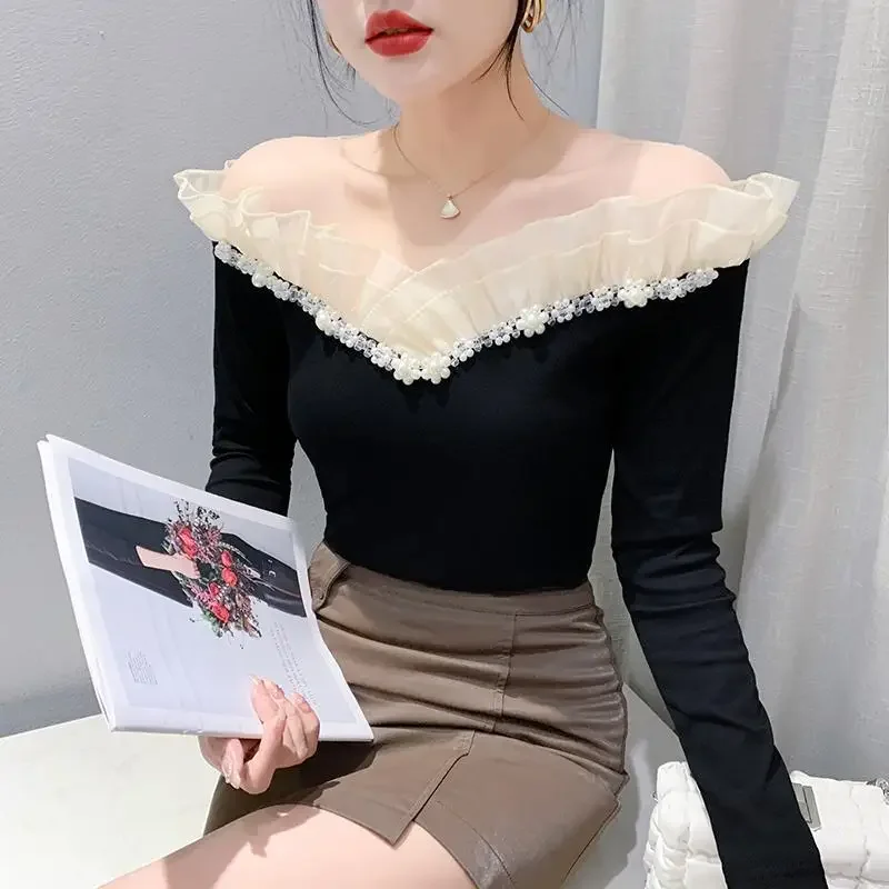 Chic Spring Summer Off-shoulder Lace T-shirt Women Sexy Tight Shirt Ruffles Sexy Skinny T-shirt Long Sleeve Tops Black Red Tees
Chic Spring Summer Off-shoulder Lace T-shirt Women Sexy Tight Shirt Ruffles Sexy Skinny T-shirt Long Sleeve Tops Black Red Tees