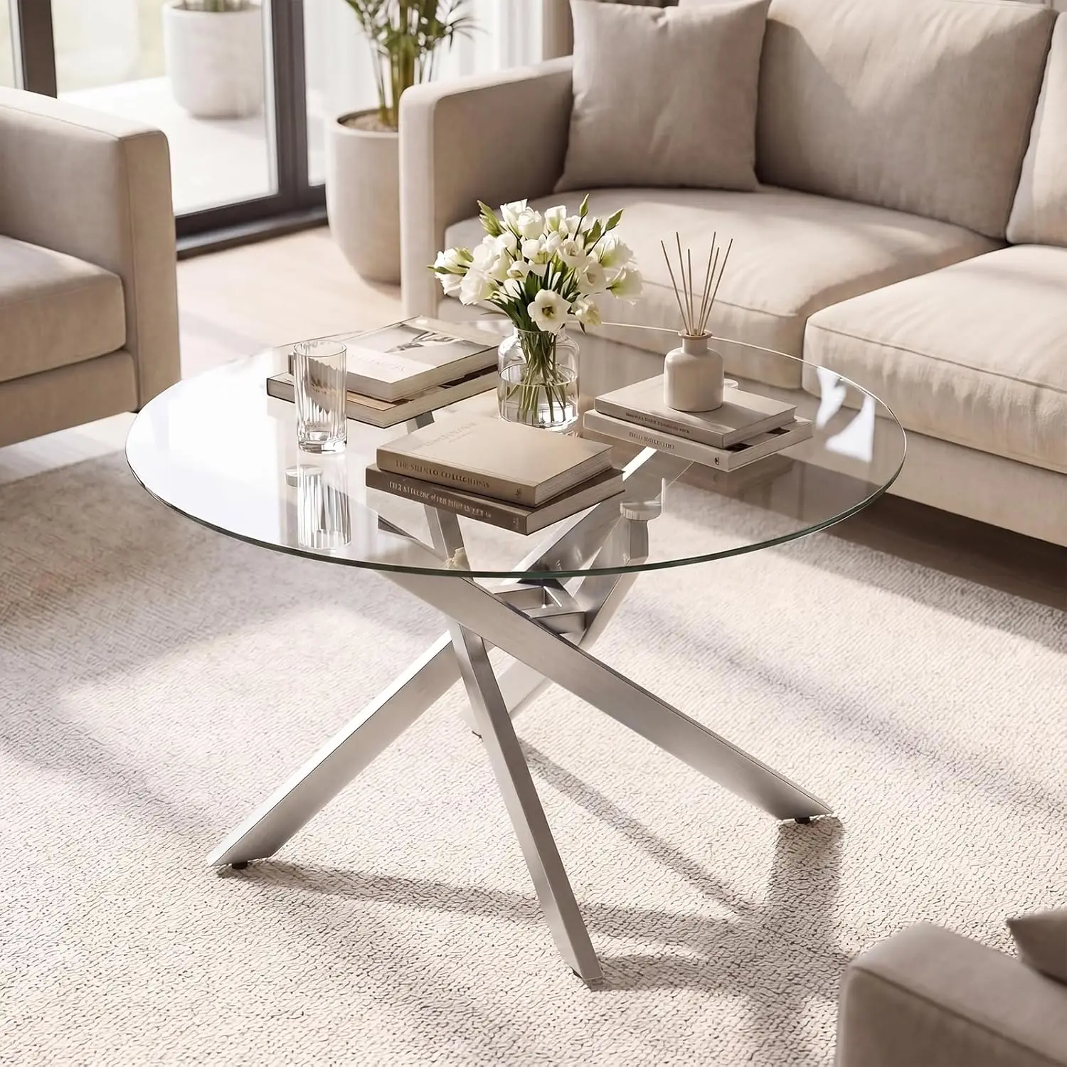Round Glass Coffee Table, 31.5' Modern Center Table with Tempered Glass Top & Geometric Metal Frame
Round Glass Coffee Table, 31.5' Modern Center Table with Tempered Glass Top & Geometric Metal Frame