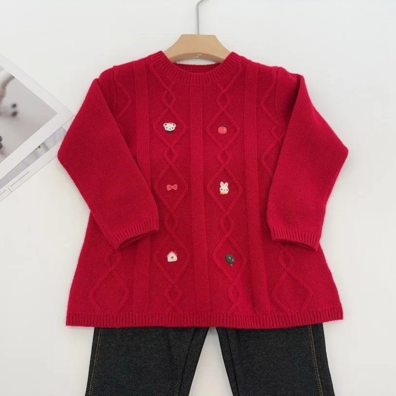 Зимние свитера, детская одежда для девочек, топы для девочек, красный свитер с вышивкой мультяшным рисунком, вязаный пуловер, свитер
Зимние свитера, детская одежда для девочек, топы для девочек, красный свитер с вышивкой мультяшным рисунком, вязаный пуловер, свитер