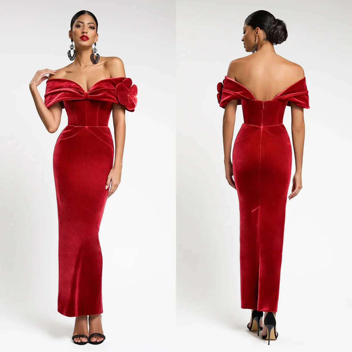 Vintage Red Evening Dresses Off Shoulder Velvet Mermaid Prom Gowns Charming Ankle Length Customized Dubai Wedding Guest Gowns
Vintage Red Evening Dresses Off Shoulder Velvet Mermaid Prom Gowns Charming Ankle Length Customized Dubai Wedding Guest Gowns
