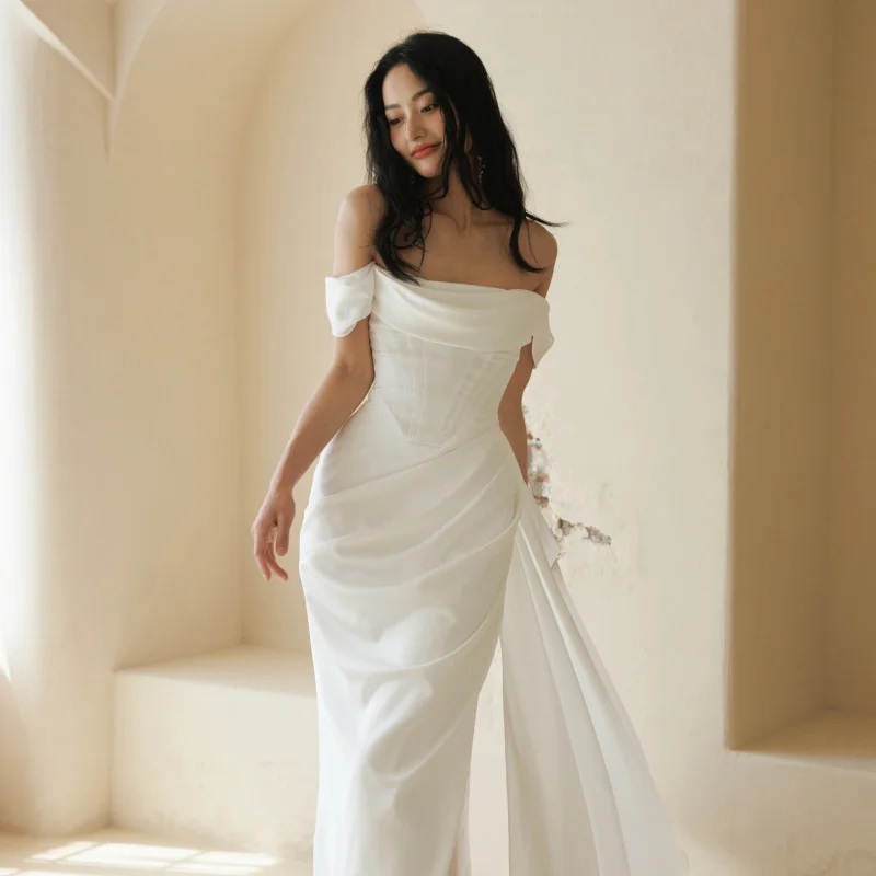 Foreign Trade European and American Style White Slit Off-Shoulder Wedding Dress Bridal Gown Toast Dress Adult Dress
Foreign Trade European and American Style White Slit Off-Shoulder Wedding Dress Bridal Gown Toast Dress Adult Dress