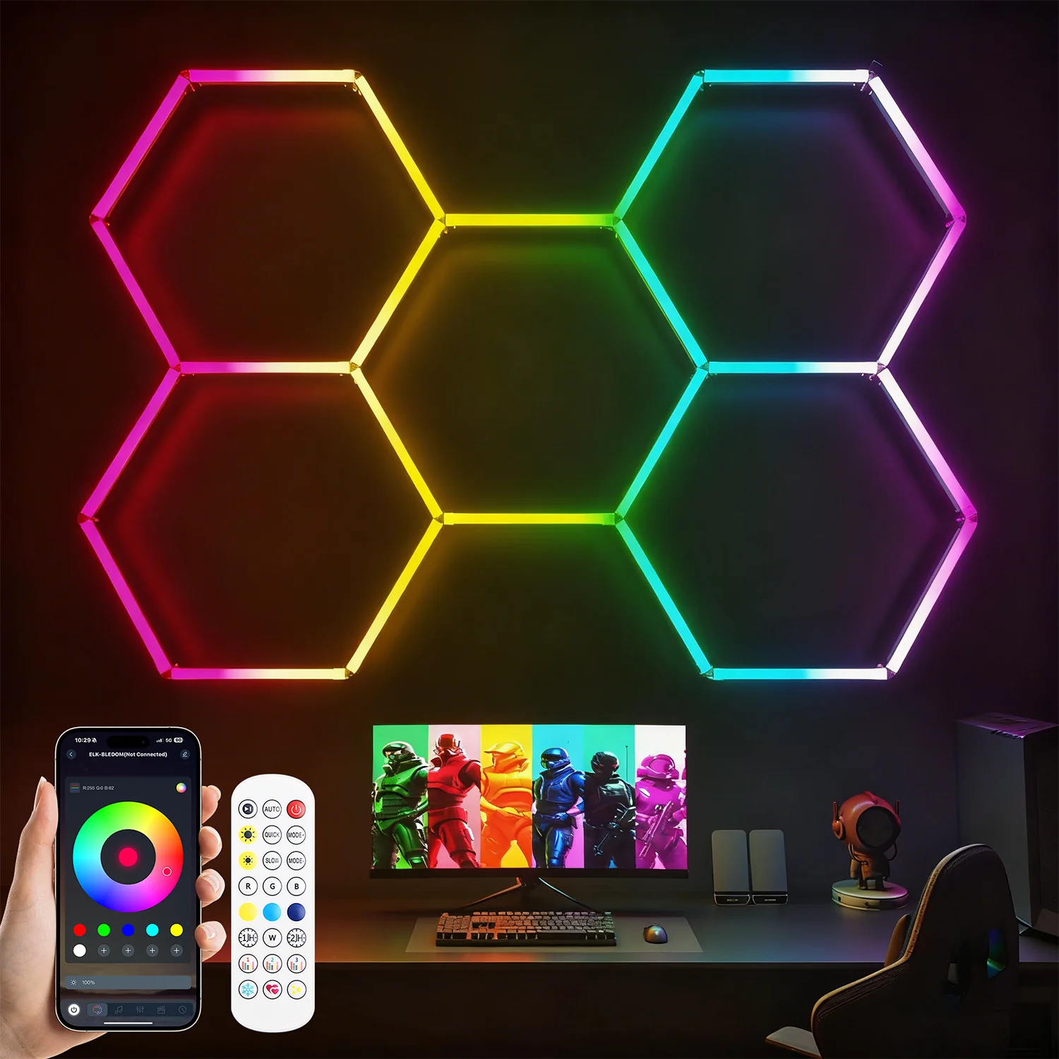 RGB honeycomb hexagonal LED lights, mobile Bluetooth and remote control, suitable for remote use in homes, garages, living rooms
RGB honeycomb hexagonal LED lights, mobile Bluetooth and remote control, suitable for remote use in homes, garages, living rooms
