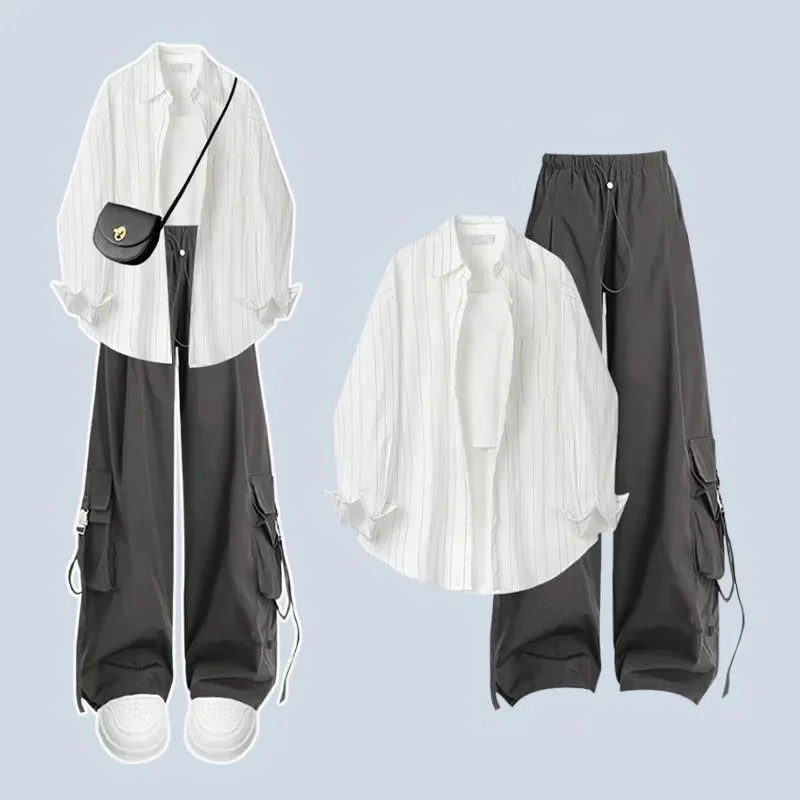 Spring Summer Women Casual Stripe Shirts White Sling Cargo Pants 3 Piece Set Lady Fashion Loose Blouse Vest Trousers Outfits
Spring Summer Women Casual Stripe Shirts White Sling Cargo Pants 3 Piece Set Lady Fashion Loose Blouse Vest Trousers Outfits