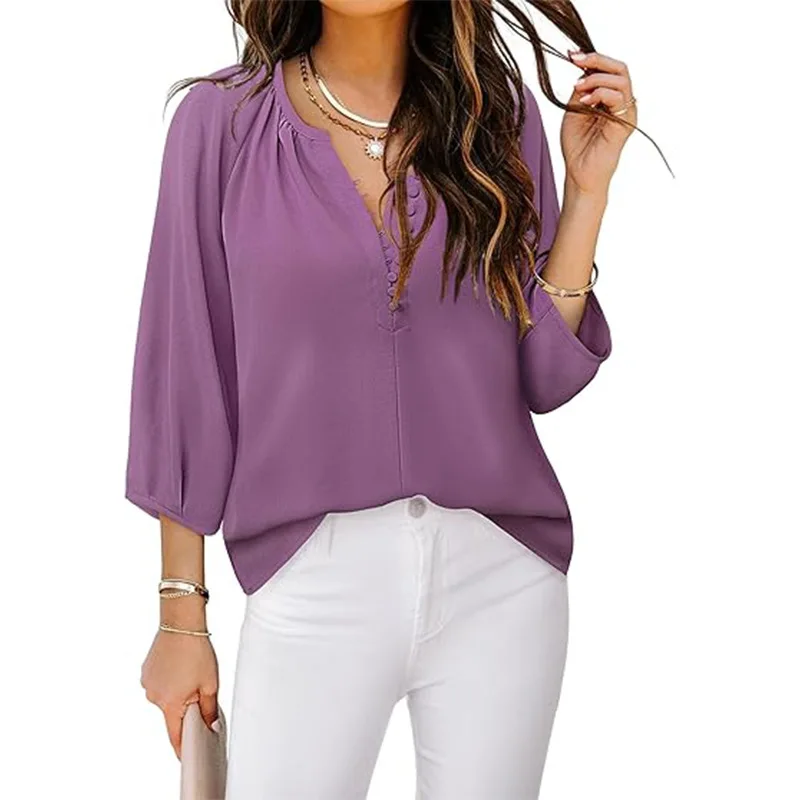 Popular Women's V-neck Seven Quarter Sleeve Chiffon Button Solid Color Long Sleeved Shirt
Popular Women's V-neck Seven Quarter Sleeve Chiffon Button Solid Color Long Sleeved Shirt