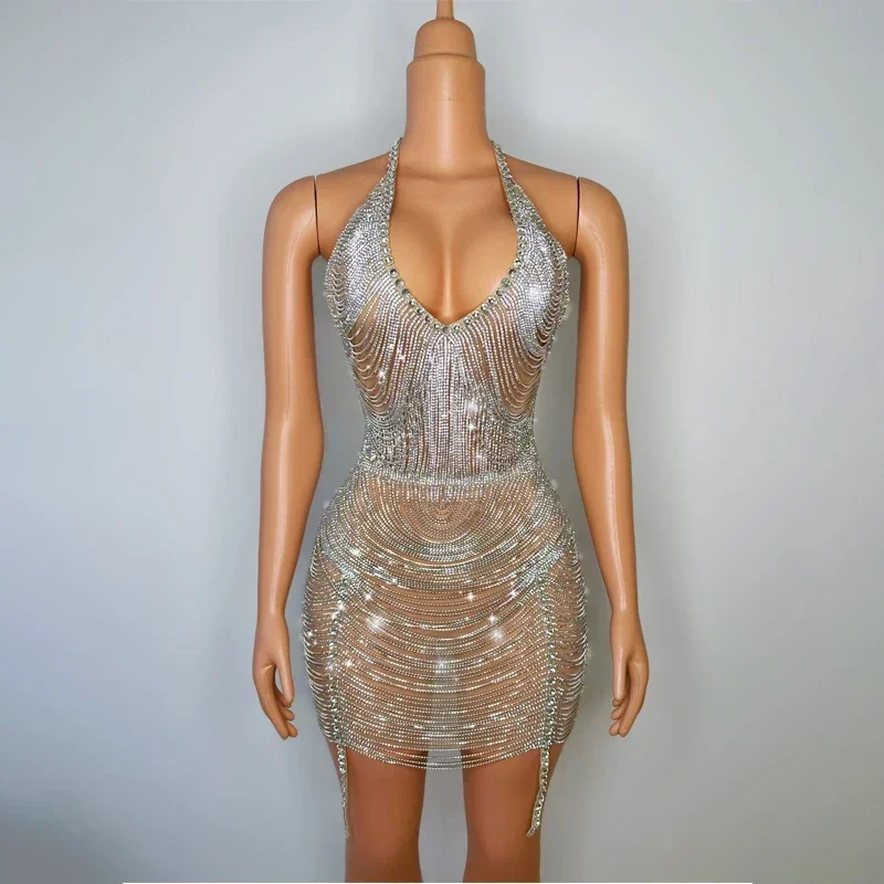 Shiny Rhinestones Dress Halter Diamond Fringes Short Dress Women Birthday Celebrate Costume Stage Show Evening Outfit
Shiny Rhinestones Dress Halter Diamond Fringes Short Dress Women Birthday Celebrate Costume Stage Show Evening Outfit