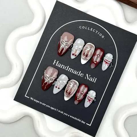 10pcs Handmade Press On Nails Baroque Bowknot Design False Nails Wearable Crystal Red French Almond Shaped Fake Nail Tips