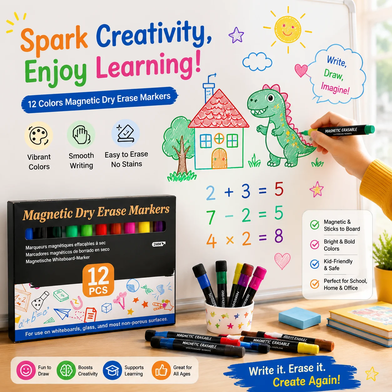 12 Colors Magnetic Whiteboard Markers Set with Eraser Cap, Dry Erase Pens Low Odor Quick Dry for Kids School Office
12 Colors Magnetic Whiteboard Markers Set with Eraser Cap, Dry Erase Pens Low Odor Quick Dry for Kids School Office