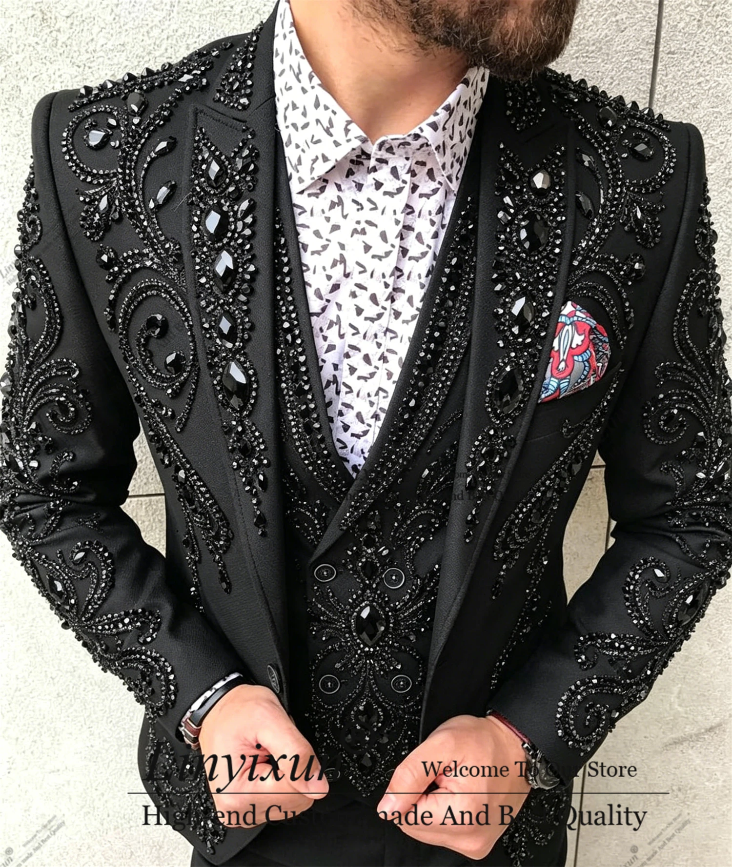 Handsome Beading Crystal Men Suits Peaked Lapel Groom Tuxedos Party Prom Blazer Customized 3 Pieces men's suits and separates
Handsome Beading Crystal Men Suits Peaked Lapel Groom Tuxedos Party Prom Blazer Customized 3 Pieces men's suits and separates