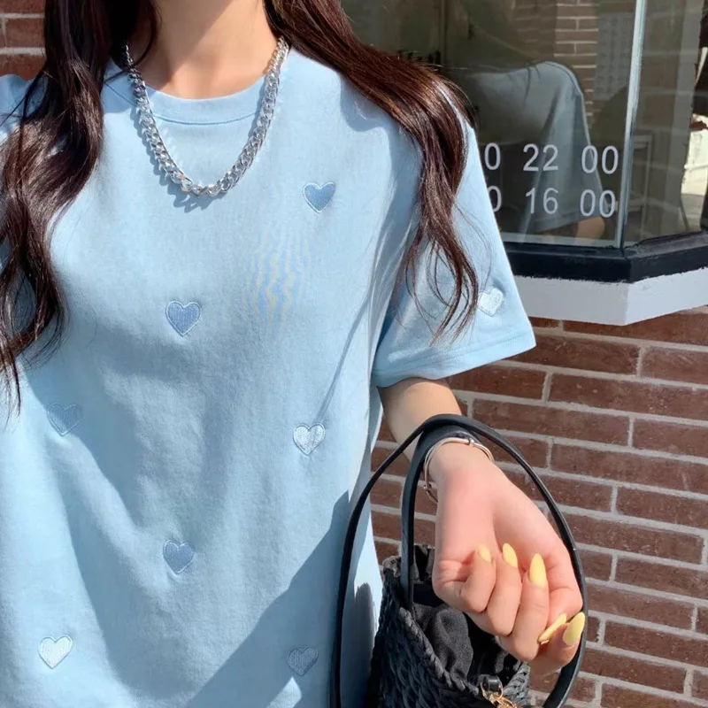 Woman's Tshirts spring/summer Short sleeve O-neck korean style love embroidery fashion woman top t-shirt dropshipping
Woman's Tshirts spring/summer Short sleeve O-neck korean style love embroidery fashion woman top t-shirt dropshipping