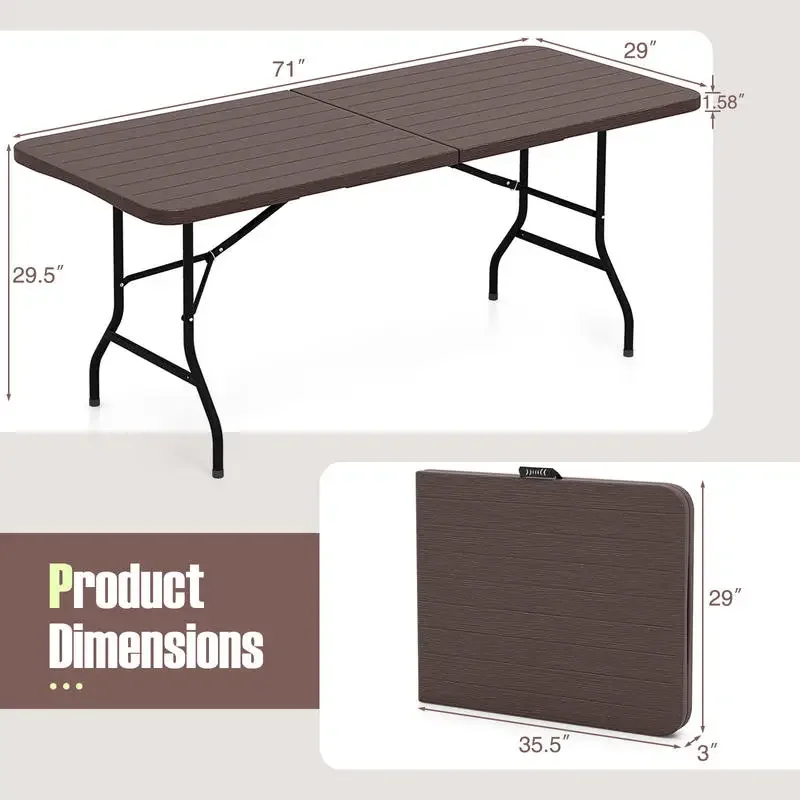 6 Feet Folding Table with Wood Grain HDPE Tabletop and Safe Lock Mechanism-Brown
6 Feet Folding Table with Wood Grain HDPE Tabletop and Safe Lock Mechanism-Brown