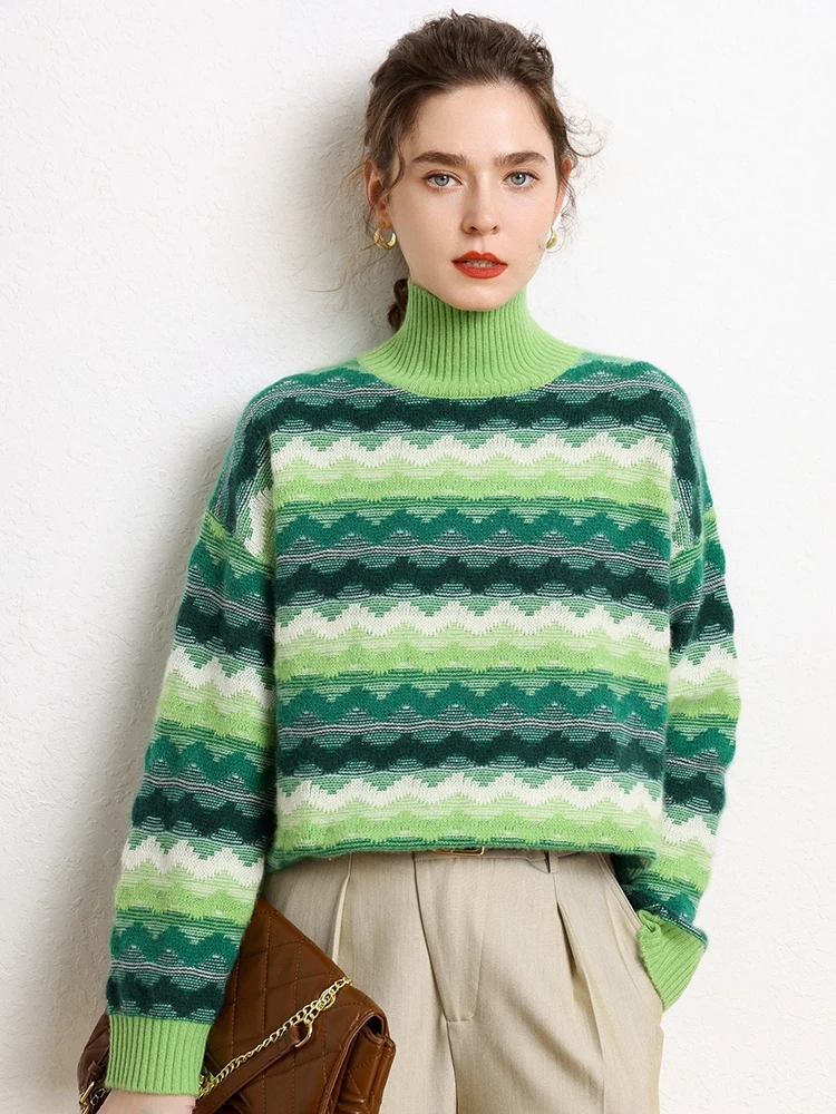 Women's 100% Cashmere Sweater Vintage Style Jacquard Mock Neck Pullover Autumn Winter Thick Soft Warm Cashmere Knitwear Top
Women's 100% Cashmere Sweater Vintage Style Jacquard Mock Neck Pullover Autumn Winter Thick Soft Warm Cashmere Knitwear Top