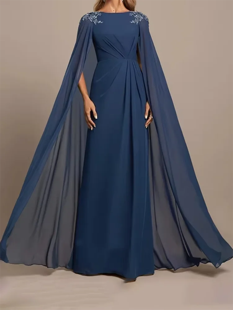 Evening Dresses 2024 navy blue floor length Cloak Appliqued boat neck Pleat chiffon Prom Dresses For Gala Customized
Evening Dresses 2024 navy blue floor length Cloak Appliqued boat neck Pleat chiffon Prom Dresses For Gala Customized 