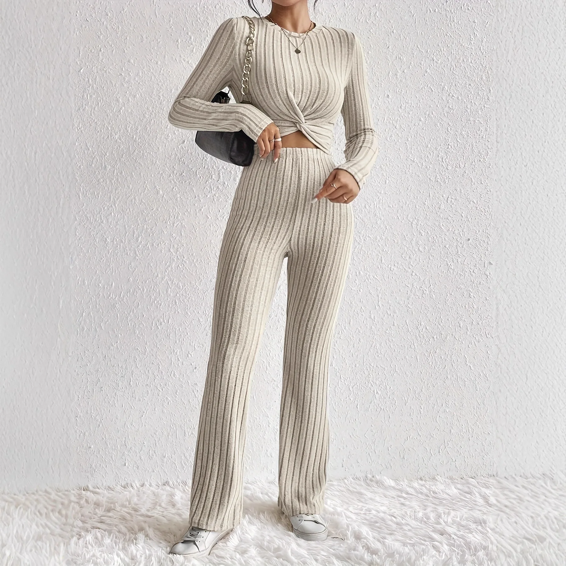 Casual Pure Color Two-Piece Set with Front Knot Long Sleeve Short Top And Slim Pants High Waist Long Pants Polyester Spring 2025
Casual Pure Color Two-Piece Set with Front Knot Long Sleeve Short Top And Slim Pants High Waist Long Pants Polyester Spring 2025