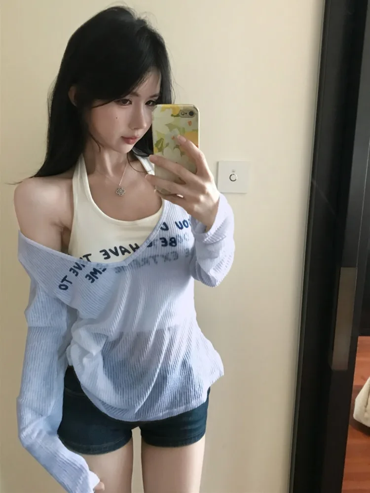 Blue Long Sleeve V-Neck Cover up T-Shirt Women's Spring Summer Layering Slimming Vest Top Two-Piece Set Commute Style Korean Fit
Blue Long Sleeve V-Neck Cover up T-Shirt Women's Spring Summer Layering Slimming Vest Top Two-Piece Set Commute Style Korean Fit