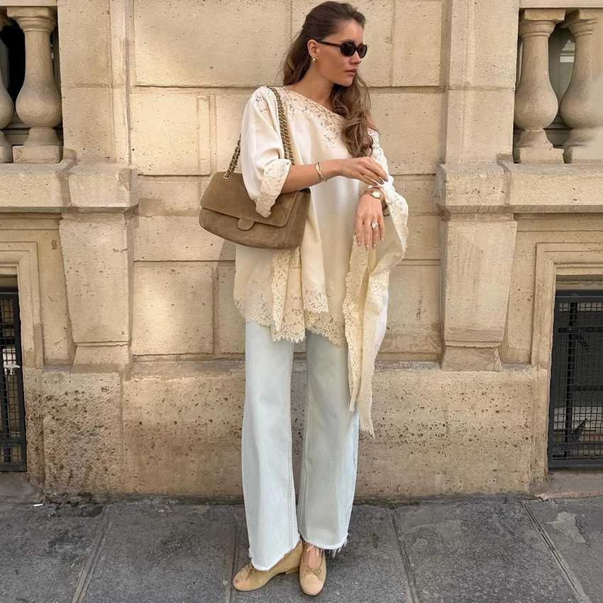 Linad Vintage Apricot Lace Skew Neck Shirts Street Chic Loose Flare Sleeve Woman Blouse Summer Casual Pullover Irregular Tops
Linad Vintage Apricot Lace Skew Neck Shirts Street Chic Loose Flare Sleeve Woman Blouse Summer Casual Pullover Irregular Tops