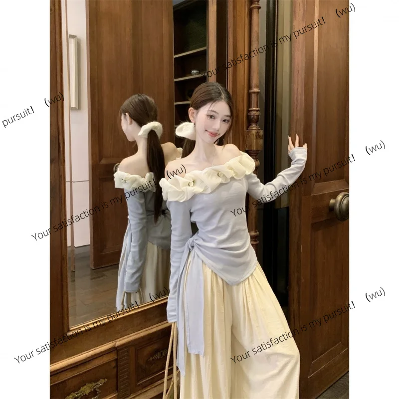 Irregular strap T-shirt wide-leg floor pants women's 2025 early spring new two-piece set
Irregular strap T-shirt wide-leg floor pants women's 2025 early spring new two-piece set