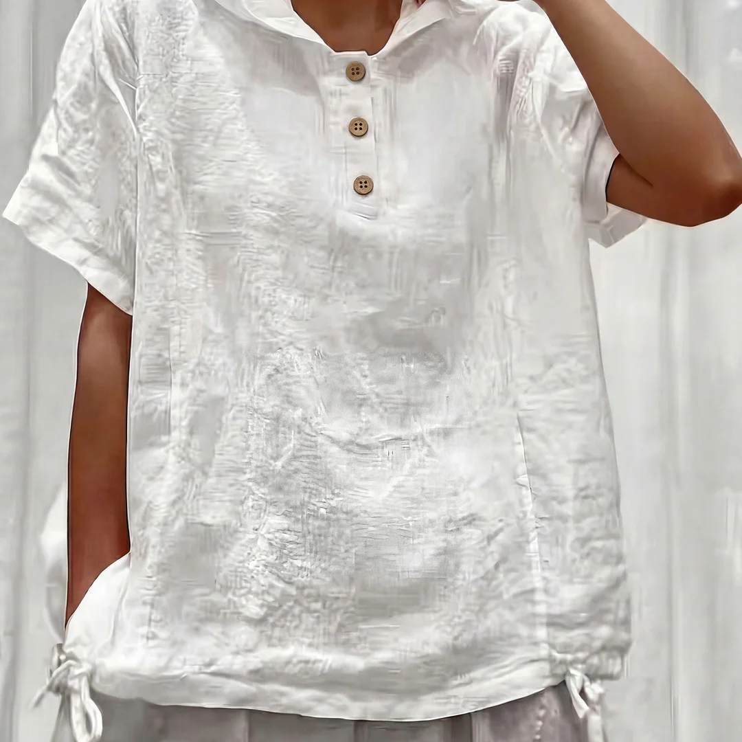 Women 100% Cotton Textured Blouse Stand Collar Half Wooden Buttons Short Sleeve Drawstring Hem Loose Fit Summer Daily Casual Top
Women 100% Cotton Textured Blouse Stand Collar Half Wooden Buttons Short Sleeve Drawstring Hem Loose Fit Summer Daily Casual Top