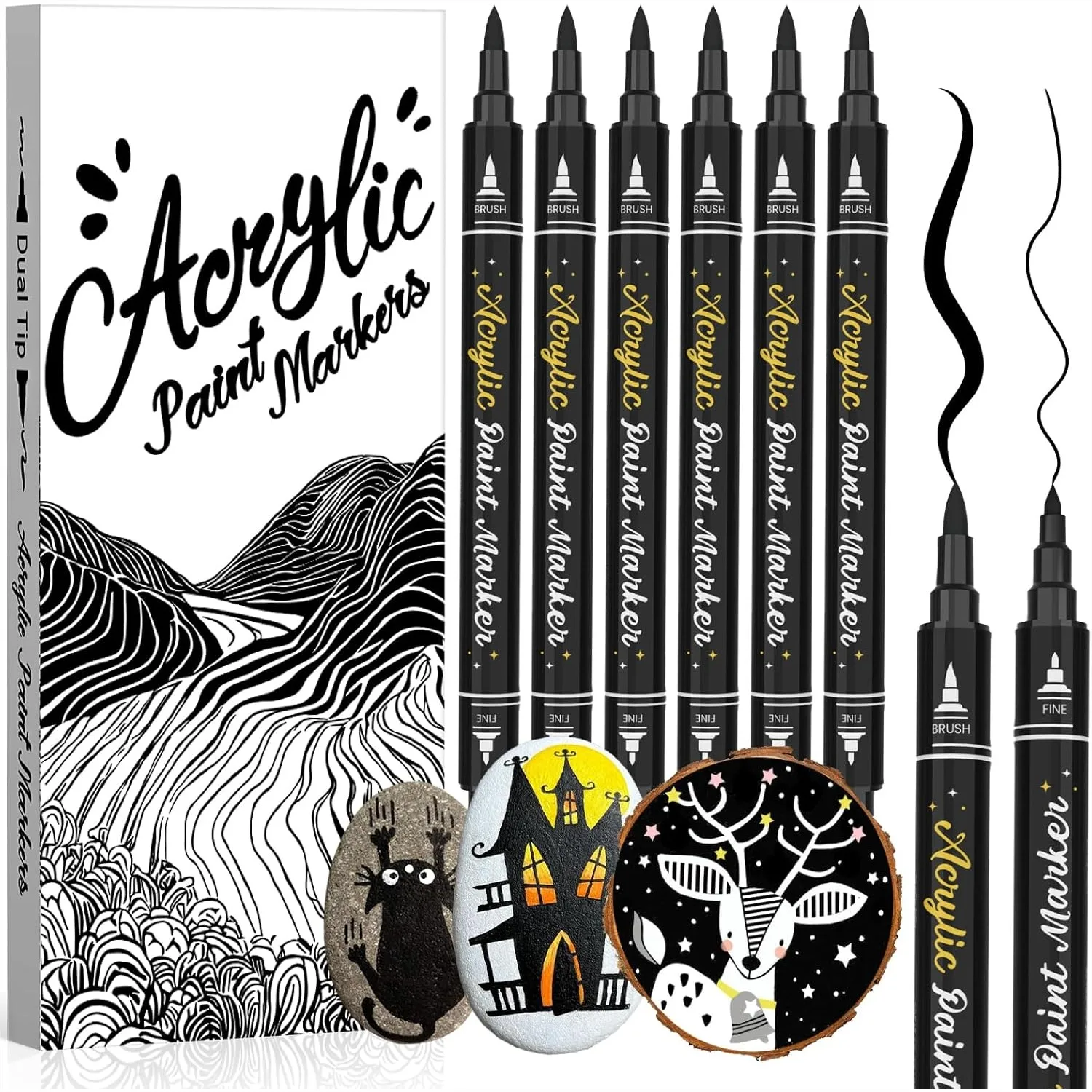 6 Pack Acrylic Black Paint Marker Dual Tip Fine And Brush Permanent Markers For Rock Wood Metal Coloring Books Stone DIY Crafts Christmas Decorations
6 Pack Acrylic Black Paint Marker Dual Tip Fine And Brush Permanent Markers For Rock Wood Metal Coloring Books Stone DIY Crafts Christmas Decorations