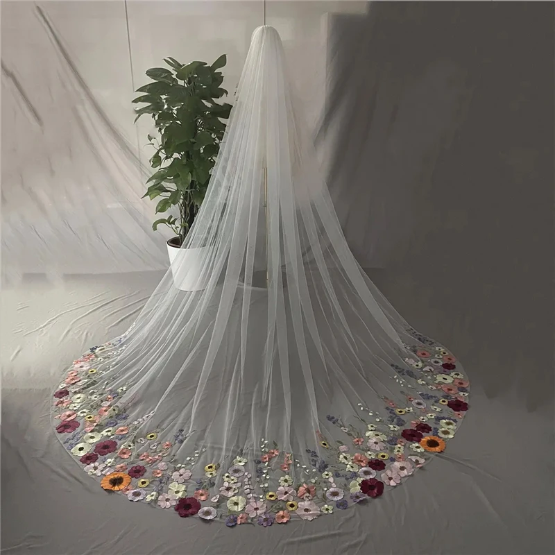 Colorful 3 D Flowers Floral Bridal Wedding Veils Cathedral With Comb For Brides White Ivory Tulle Green Leaves Red Purple Pink
Colorful 3 D Flowers Floral Bridal Wedding Veils Cathedral With Comb For Brides White Ivory Tulle Green Leaves Red Purple Pink