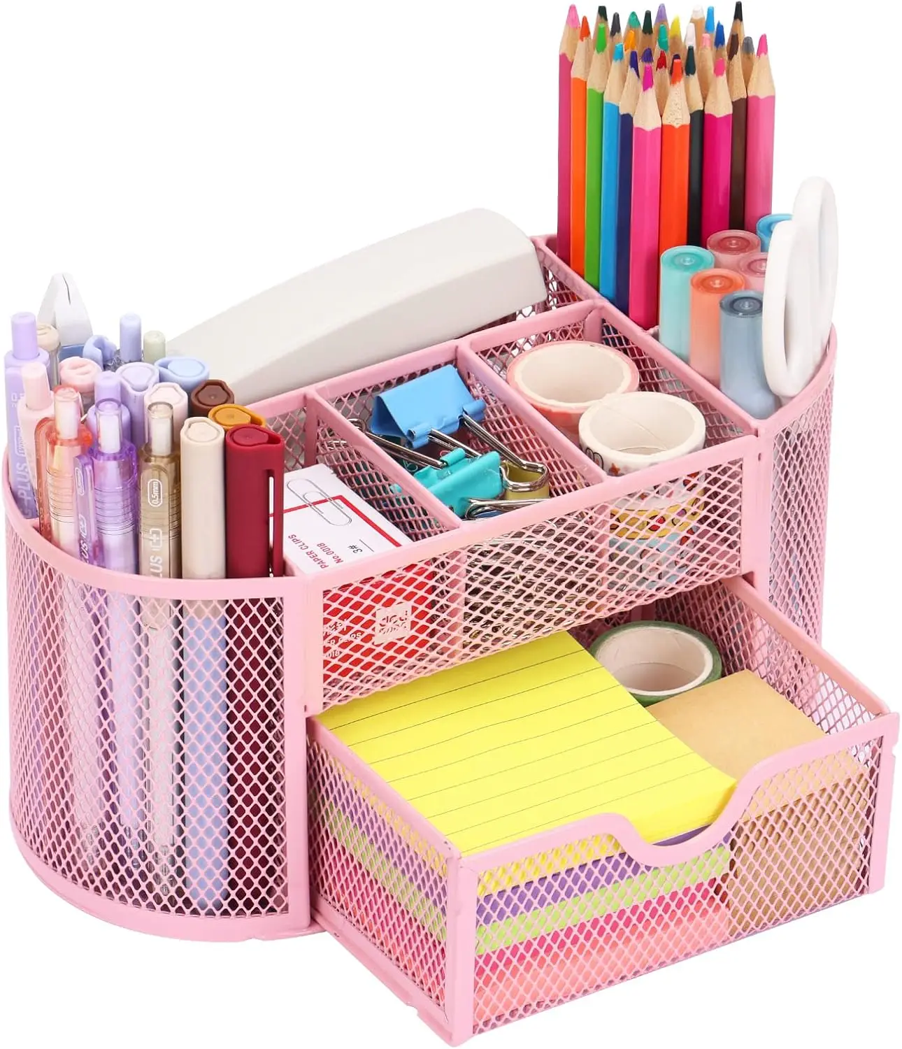 Pink Mesh Desk Organizer with 8 Compartments and Drawer, Pen Holder for Office Home School
Pink Mesh Desk Organizer with 8 Compartments and Drawer, Pen Holder for Office Home School