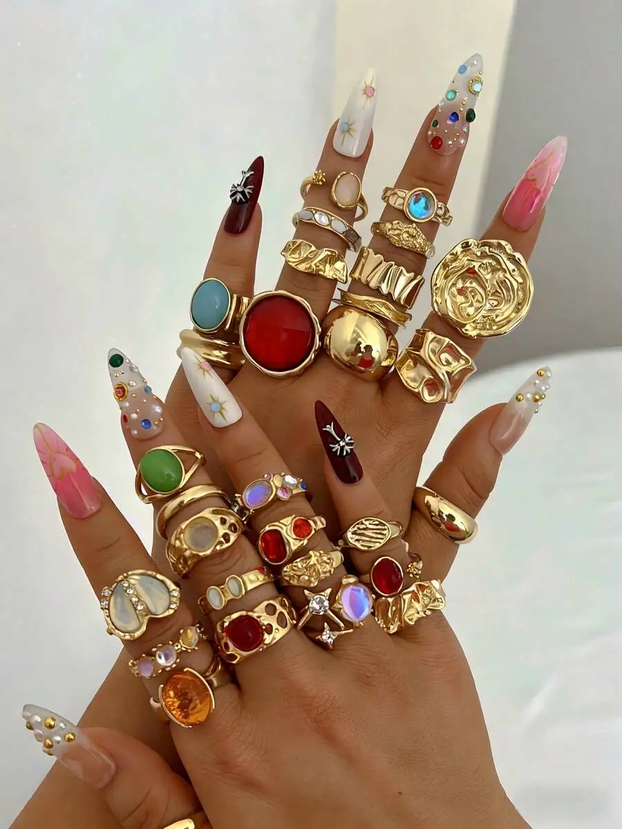 Vintage Fashion Multi-Element Colorful Gemstone Heart Flower Star Open Adjustable Ring Set For Women
Vintage Fashion Multi-Element Colorful Gemstone Heart Flower Star Open Adjustable Ring Set For Women